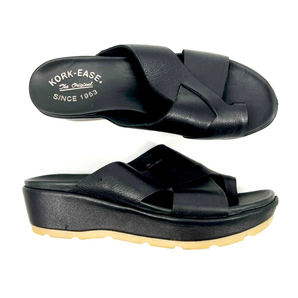 Kork-Ease Leather Open-Toe Wedge Sandal Slides Black Size 8
